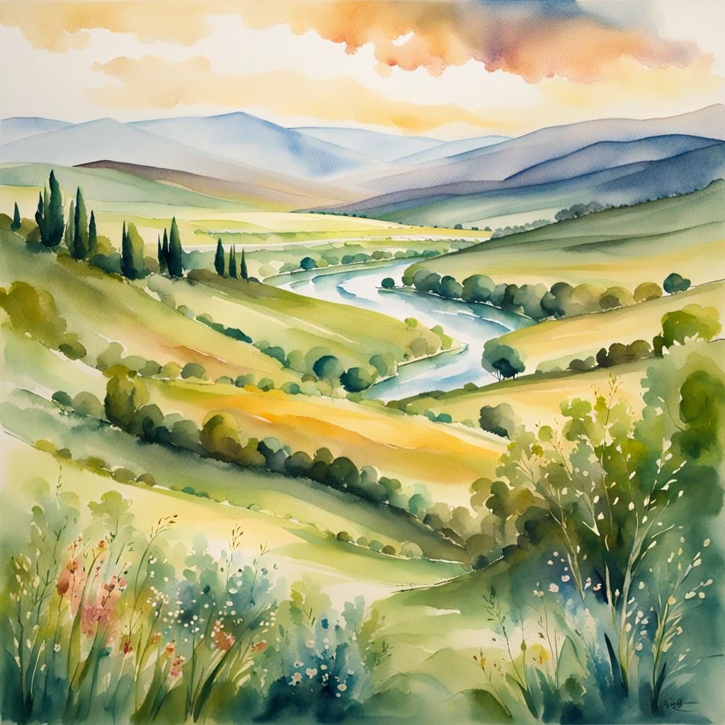 Dreamy Watercolor Landscape with River and Hills