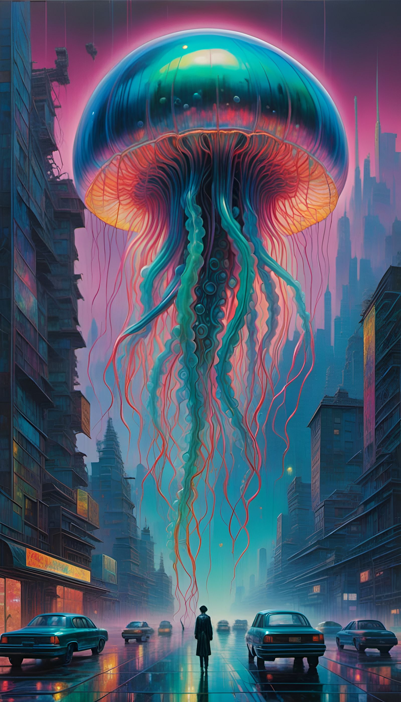 Iridescent Jellyfish over Sci-Fi Cityscape