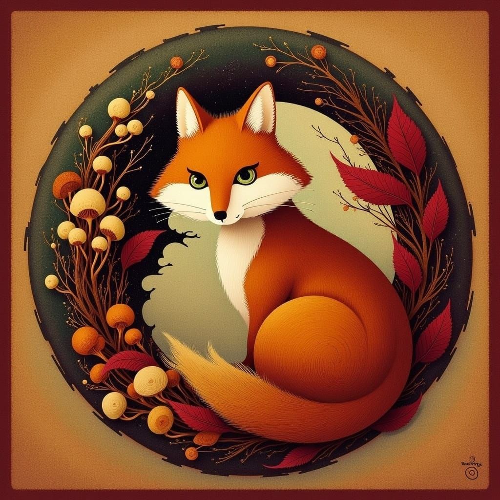 Fox in Autumn Wreath in Baroque Style