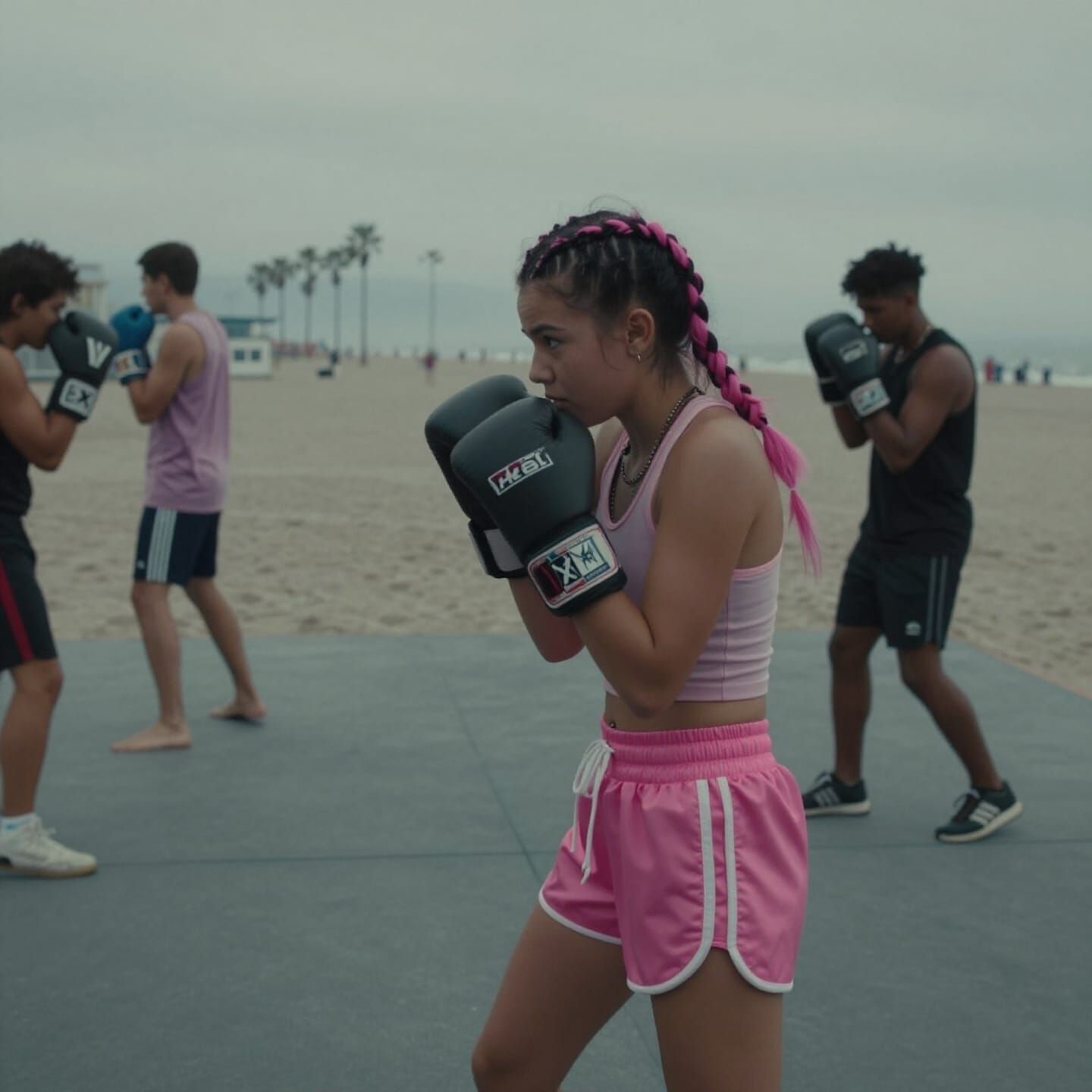 Punk Girl Boxing on Venice Beach Cinematic Film Still