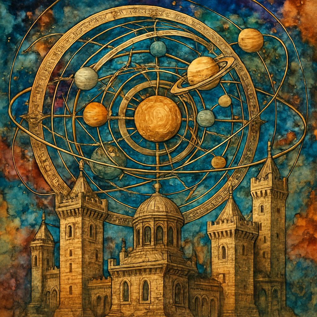 Orrery, cosmic cartography,  Intricately detailed alcohol in...