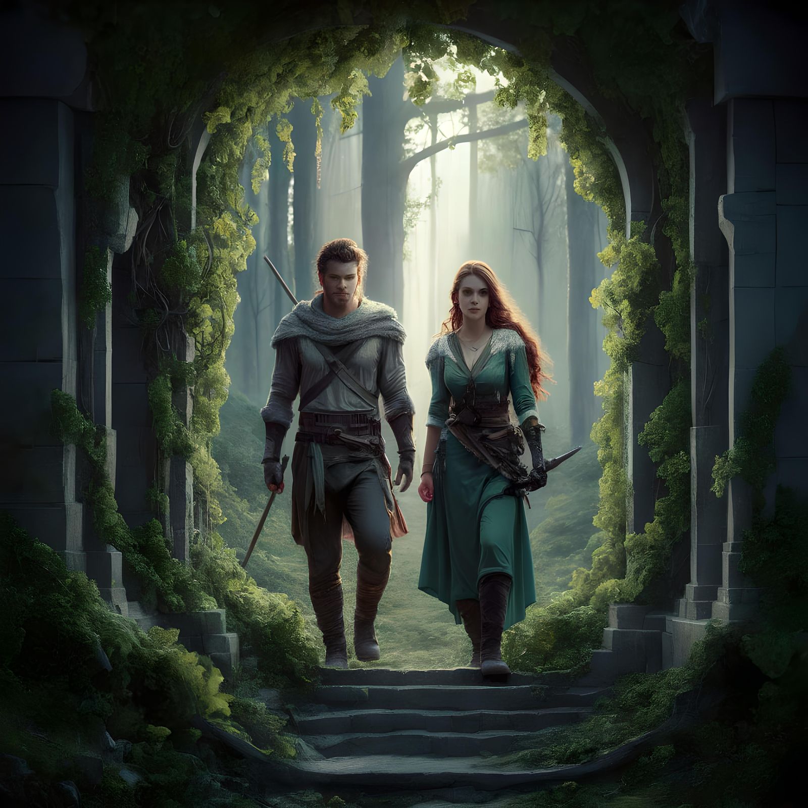 Adventurers Explore Vine-Covered Ruins in Ethereal Style