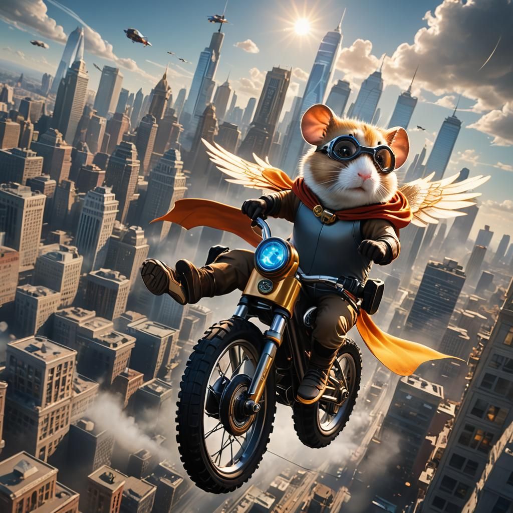 Hamster Superhero Flies Above City: Matte Painting