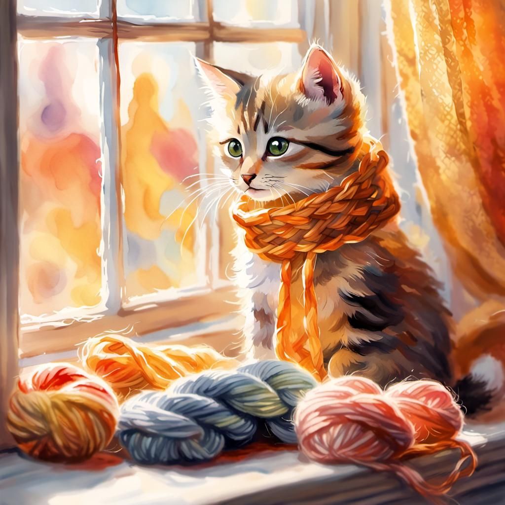 Kitten Knitting Scarf in Watercolor Illustration