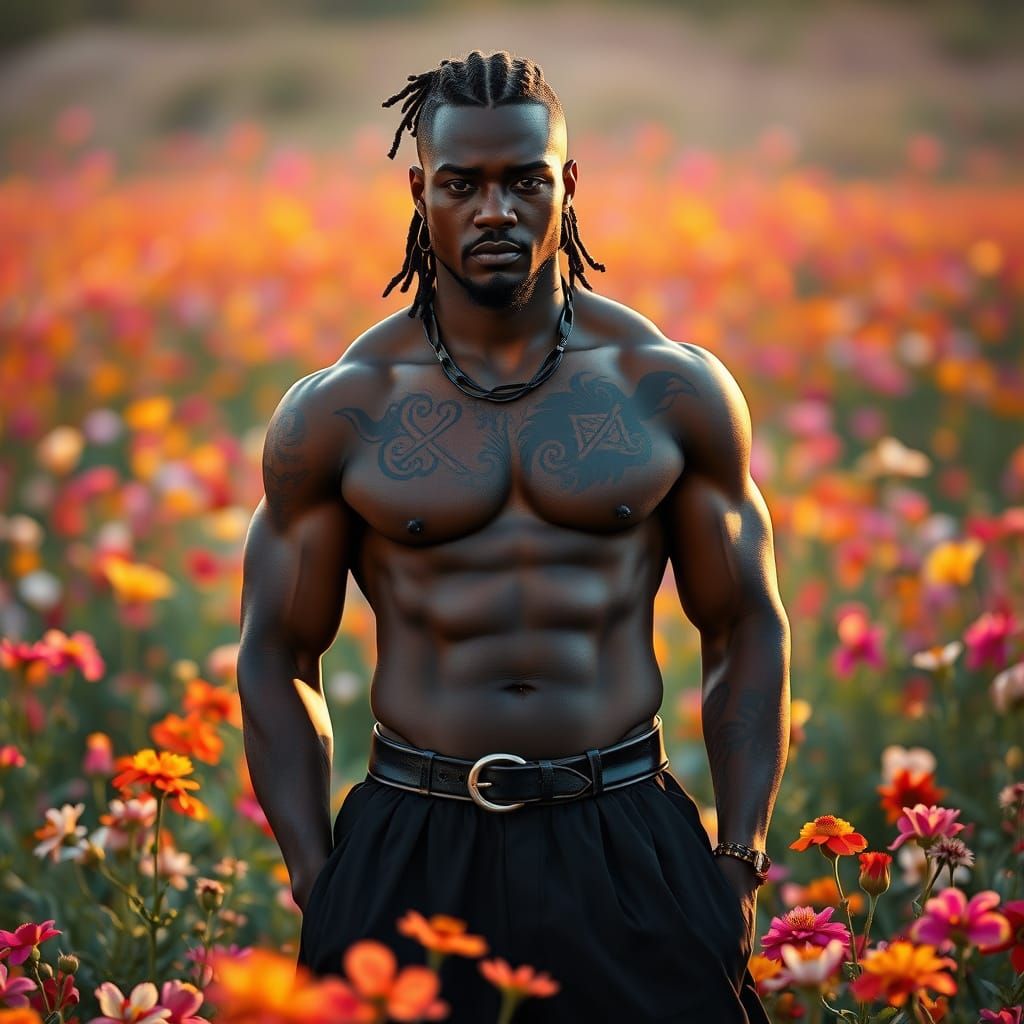 Confident Black Hero in Vibrant Floral Field