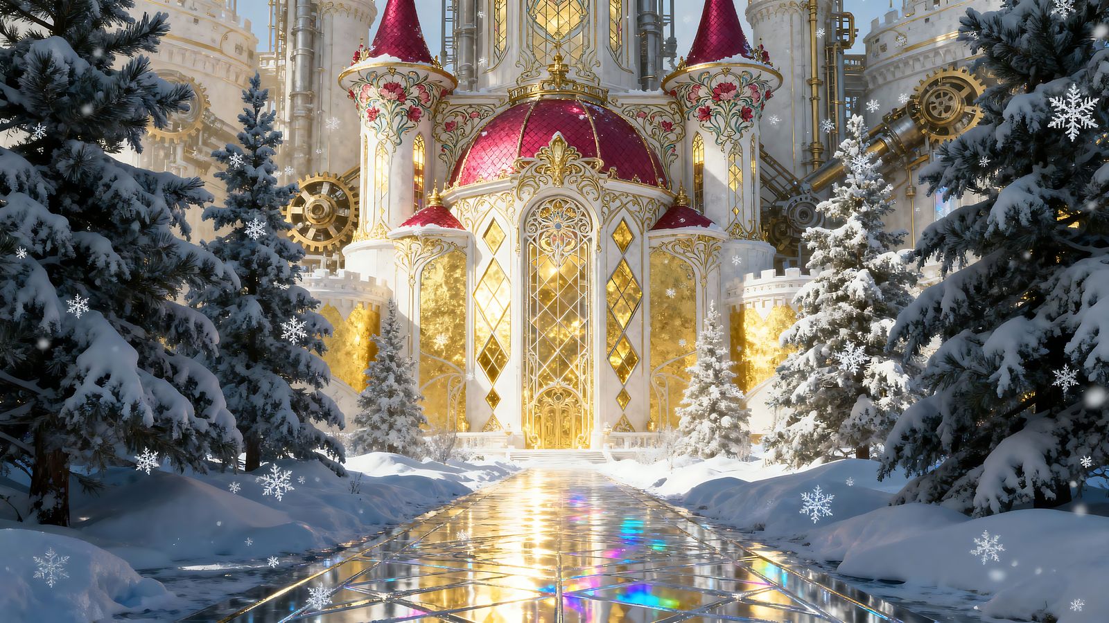 Sparkling Golden Castle with Diamond Windows in Winter