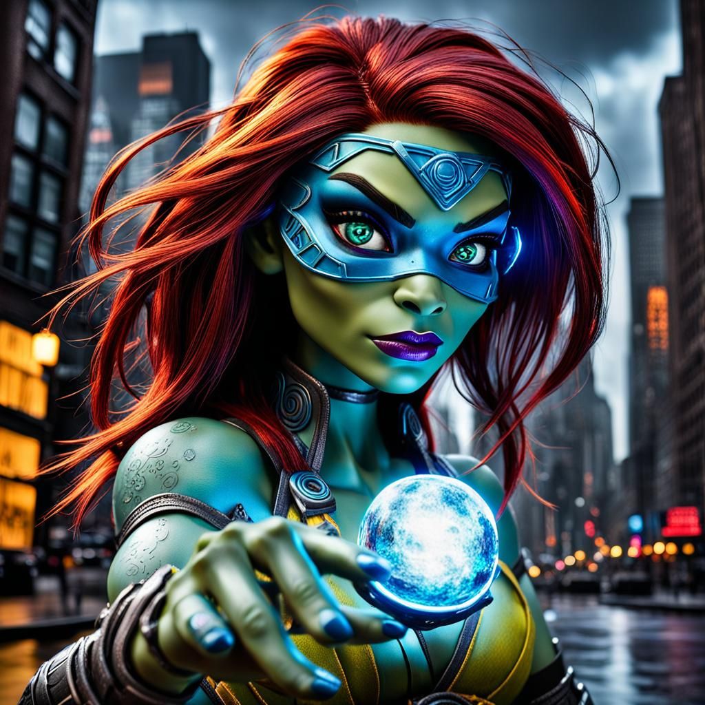 Radioactive April O'Neil in Tron-Lit NYC Storm