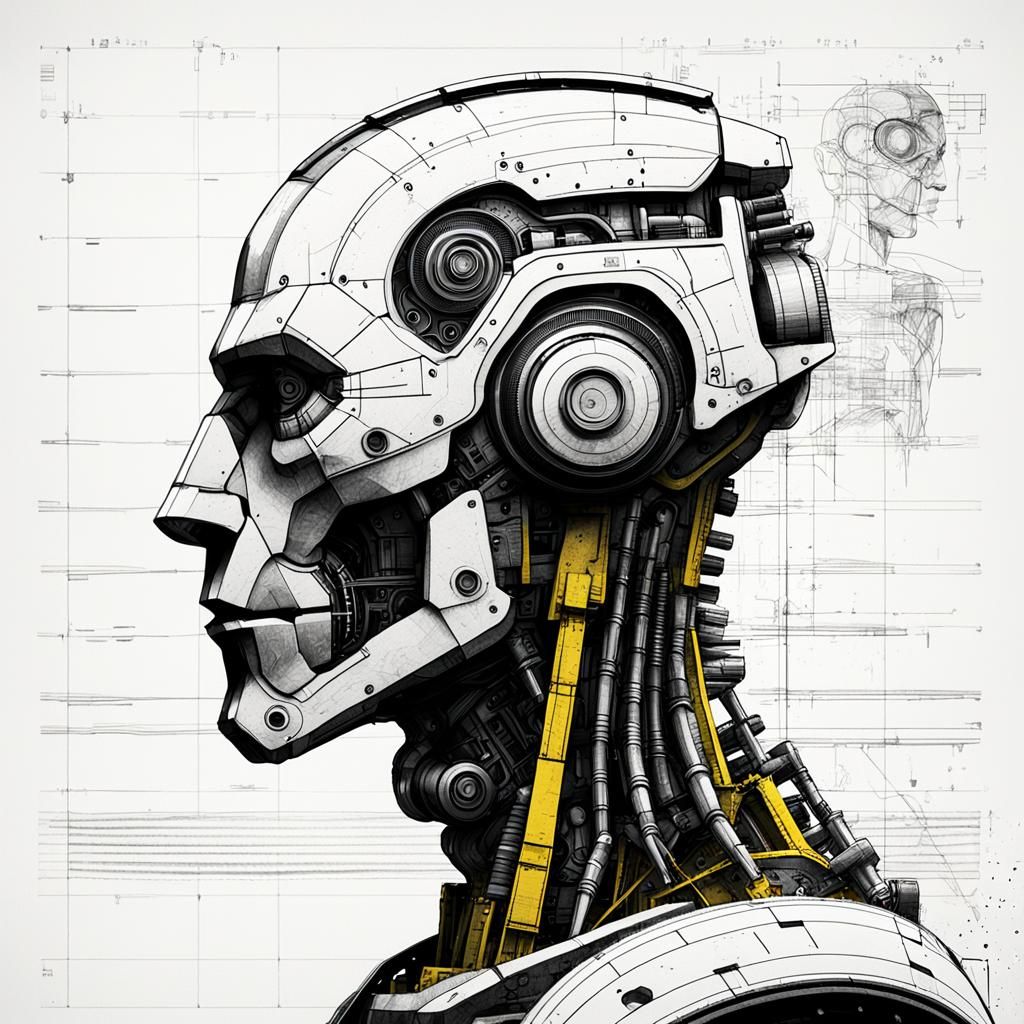 Hybrid Man-Robot in Industrial Blueprint Style