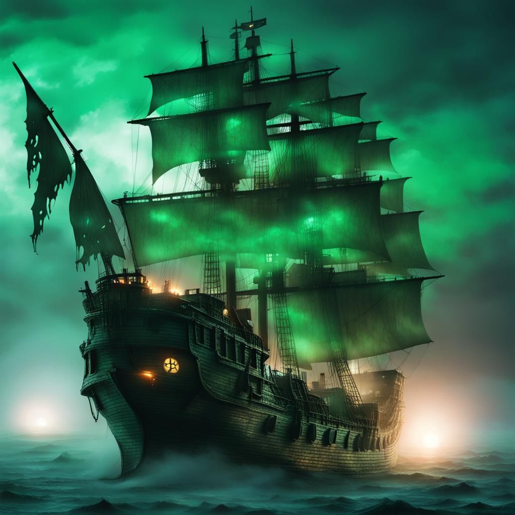 Eerily Glowing Ghost Pirate Ship in Fog