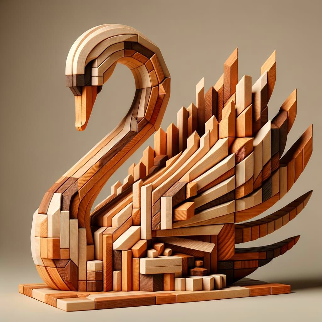 Wooden Block Swan Sculpture 3D Diorama