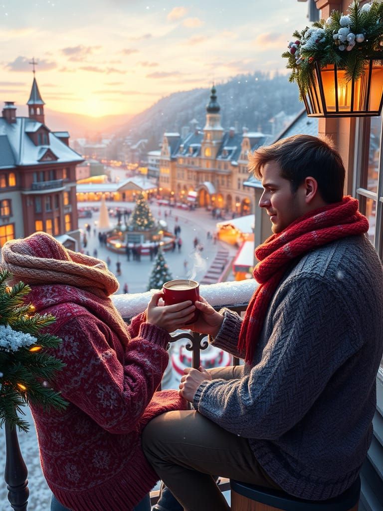 Cozy Winter Night in a Vibrant Town Square, as Impressionist...