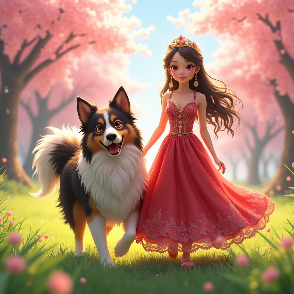 Border Collie and Princess in Cherry Blossom Field