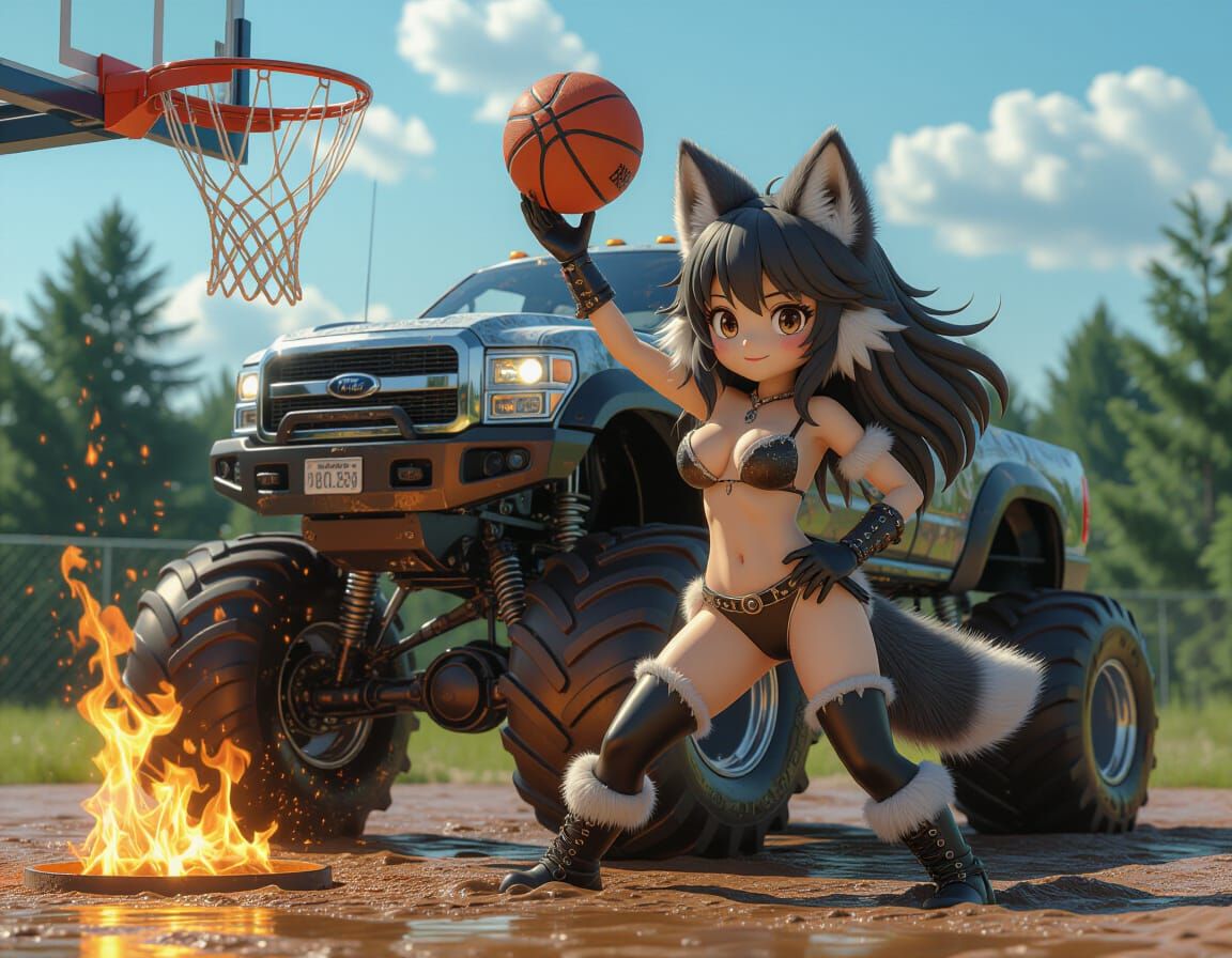 Monster Truck Dunk with Anime Wolf Girl