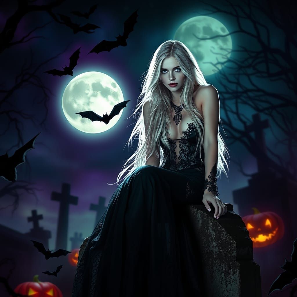 Gothic Enchantress in Mystical Cemetery on Halloween Night