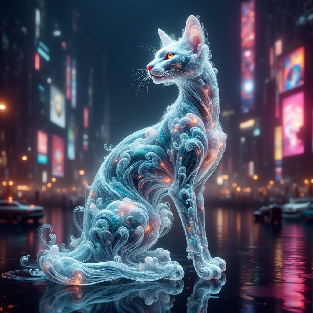 Cyberpunk Crystal Cat in Neon City