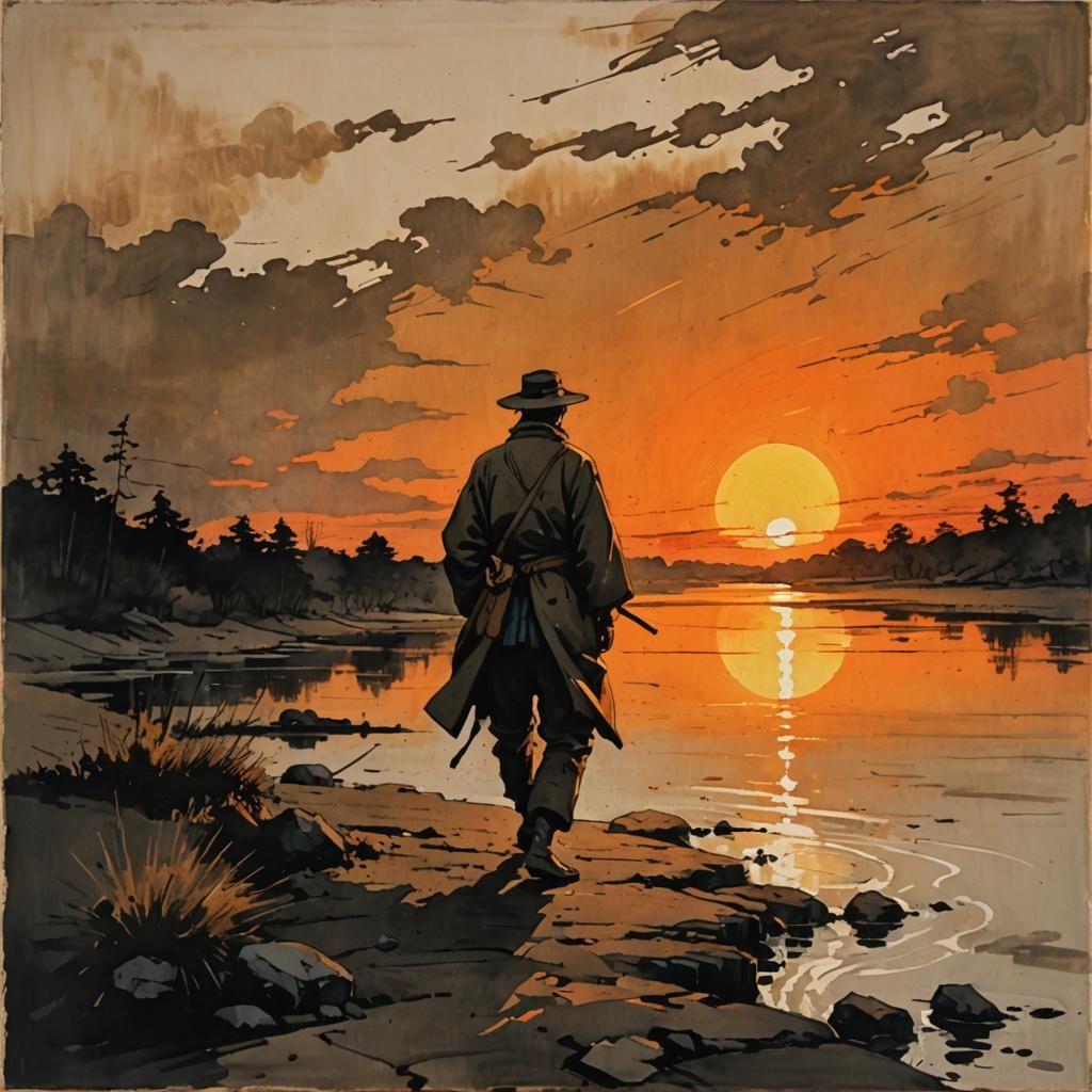 Serene Riverbank Sunset with Expressive Brushstrokes