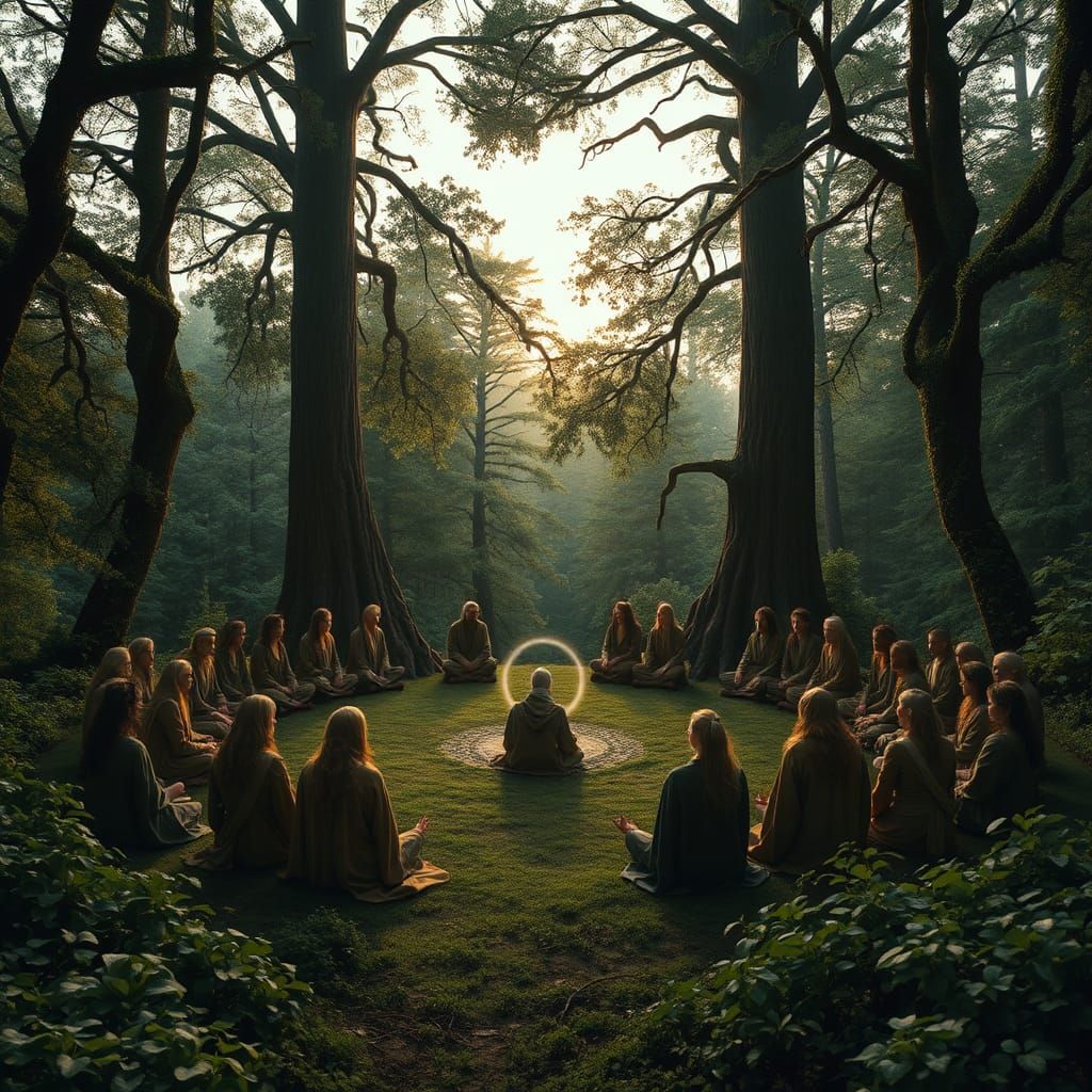 Mystical Druid Gathering in an Enchanted Forest