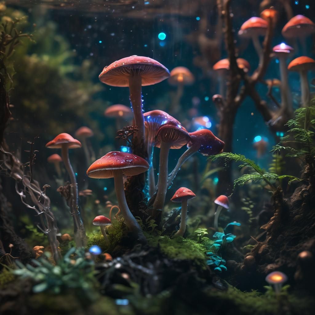 Bioluminescent Mushroom Constellations in Terrarium