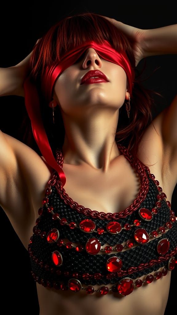 Mysterious Woman in Ruby Chainmail and Blindfold