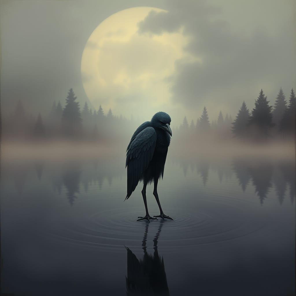 Sorrowful Bird Woman in Muted Twilight Landscape