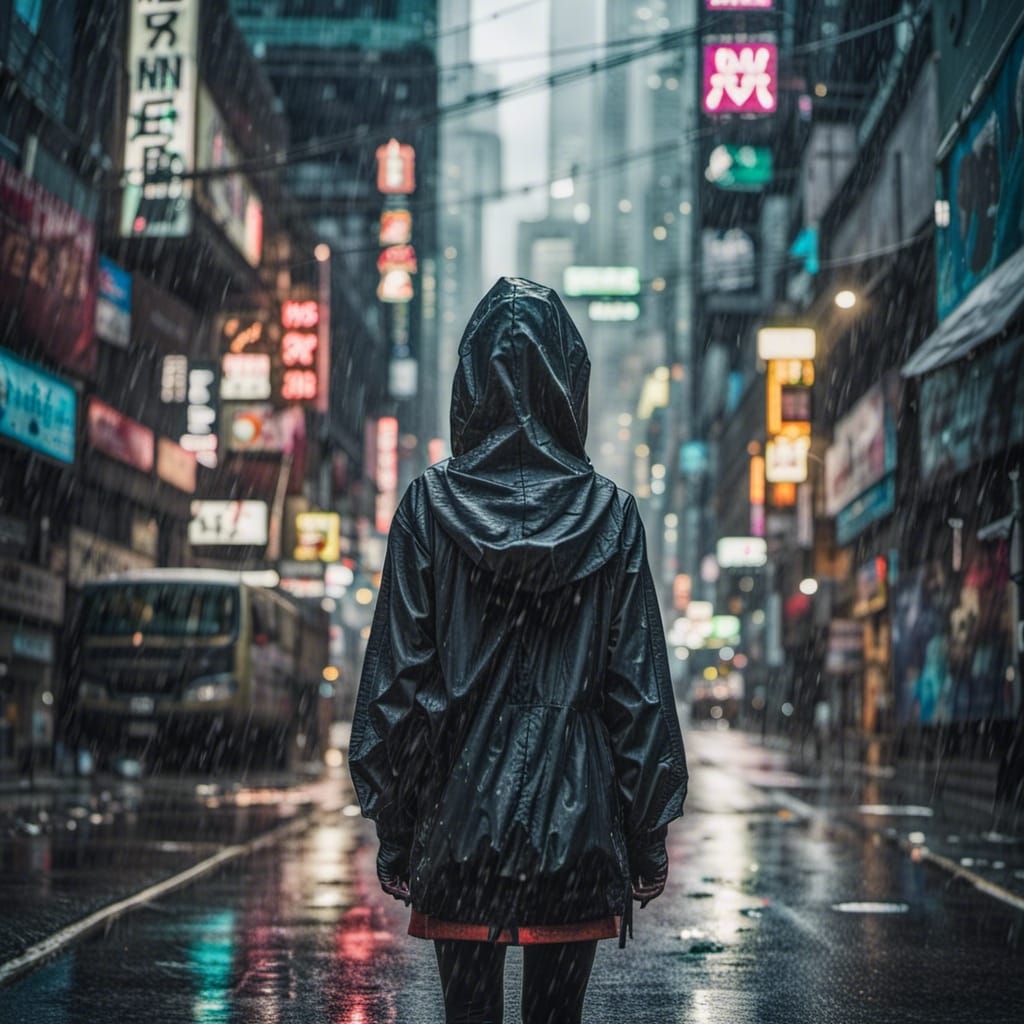 Cyberpunk Girl in Rainy Cityscape