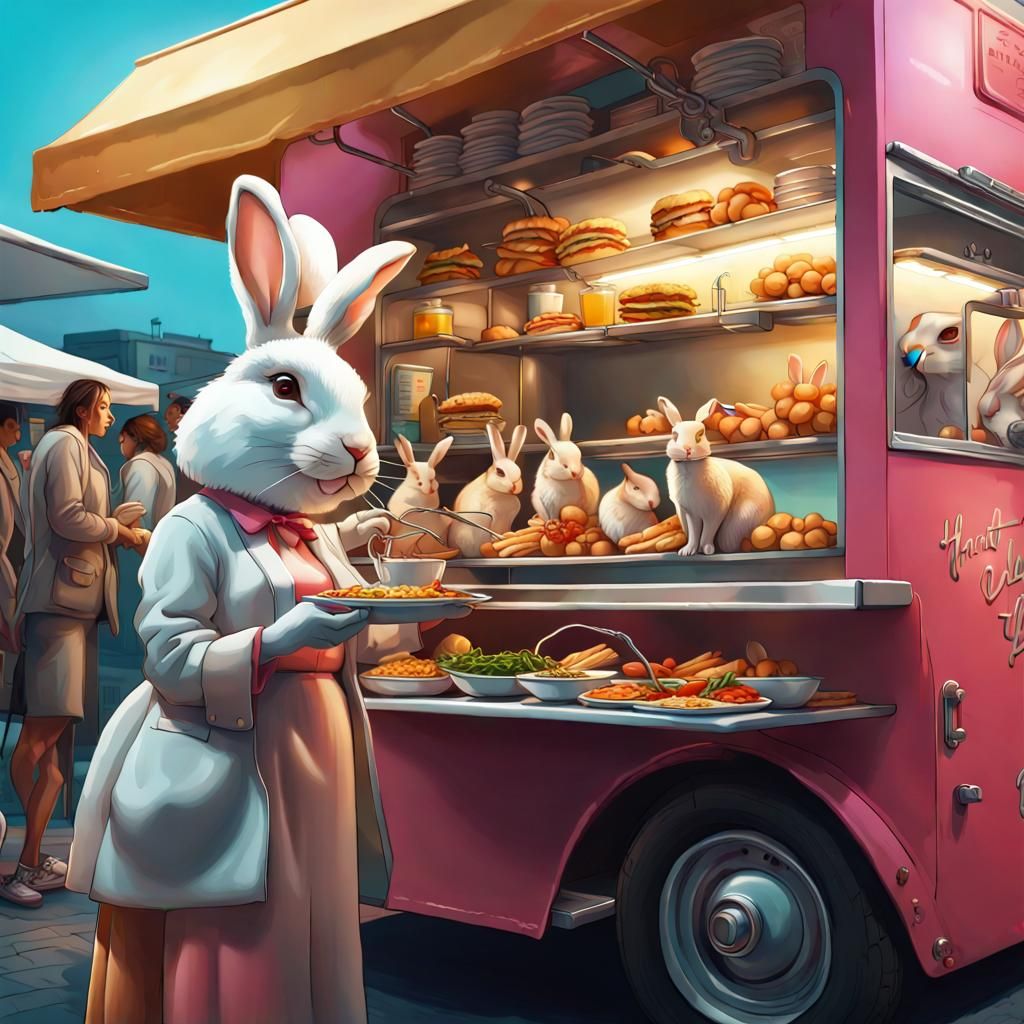 Surreal Food Truck Scene with Rabbit Server