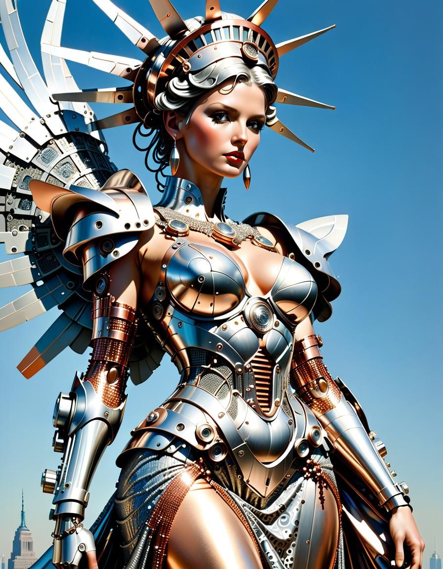 Cybernetic Statue of Liberty in Futuristic Landscape