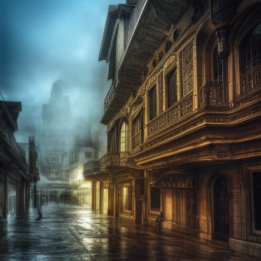 old golden town with foggy