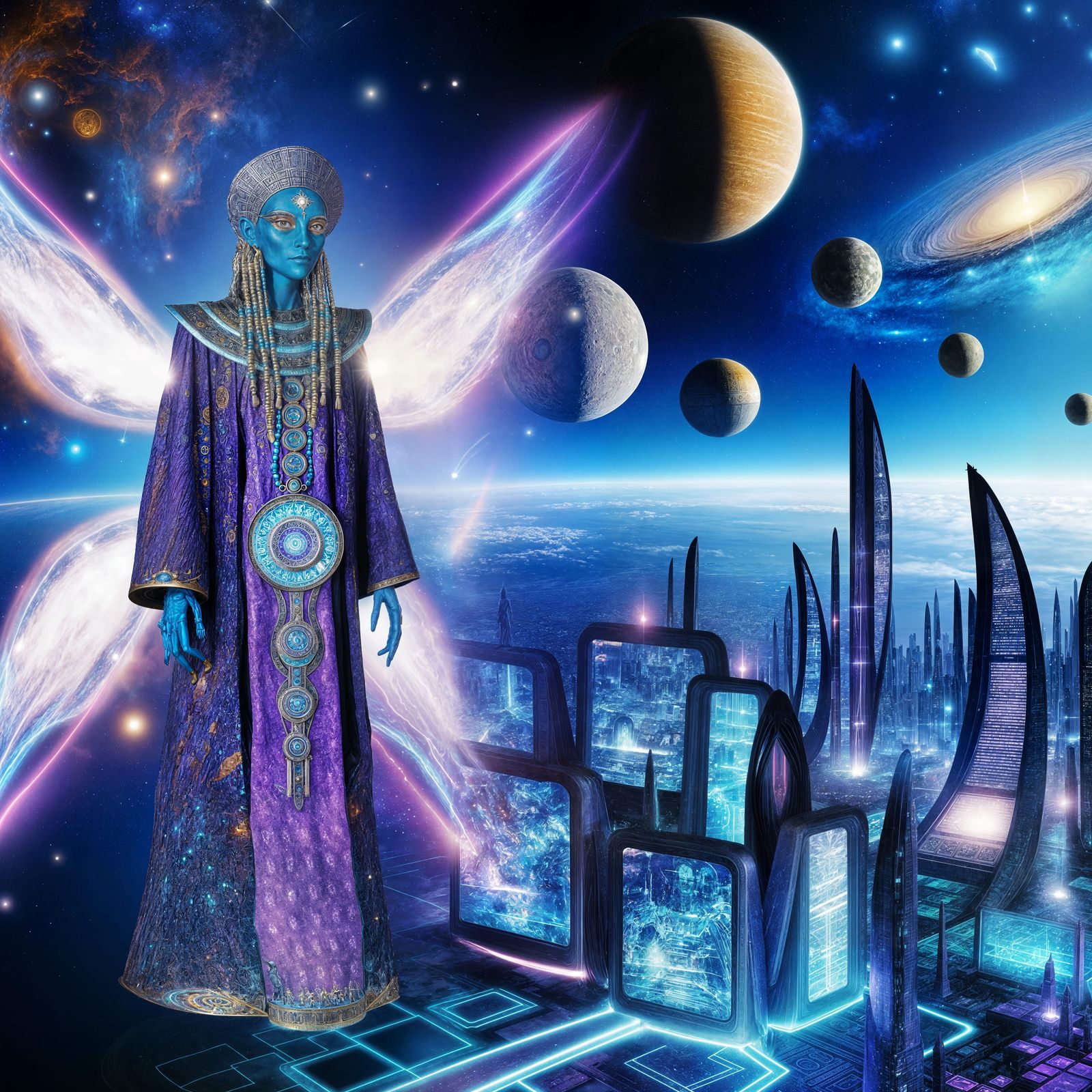 Annunaki: Extraterrestrial Being in a Neon Urban Landscape