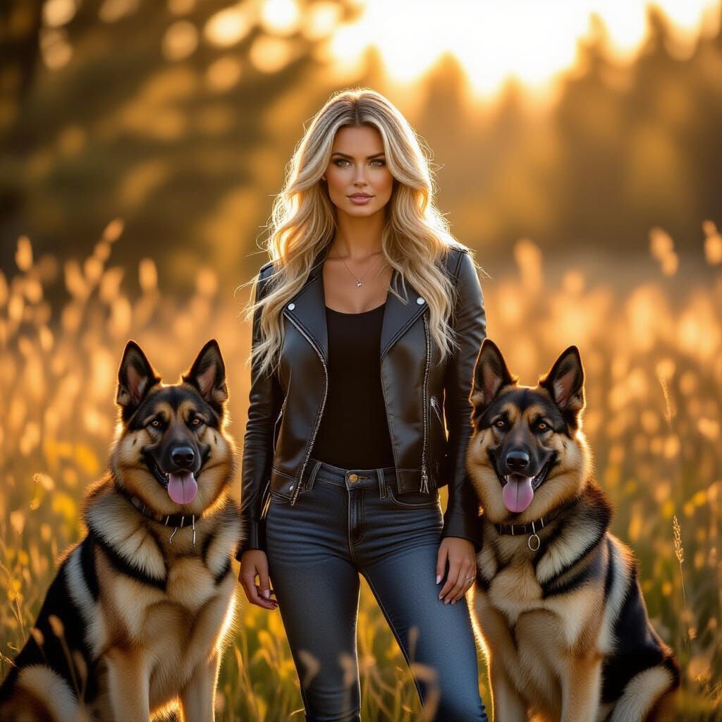 Woman with German Shepherds in Golden Hour Meadow