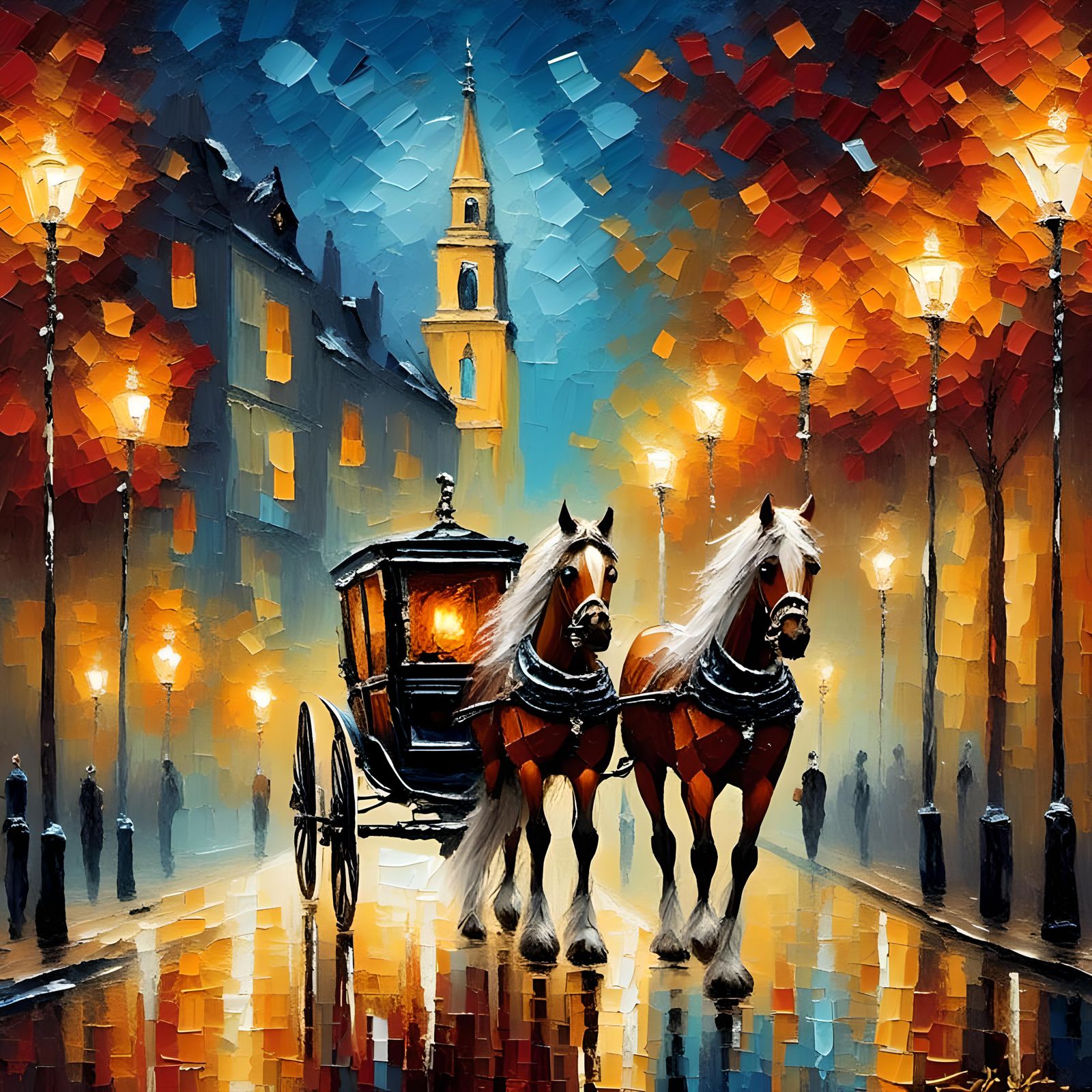 Impressionist Horse and Carriage on City Street