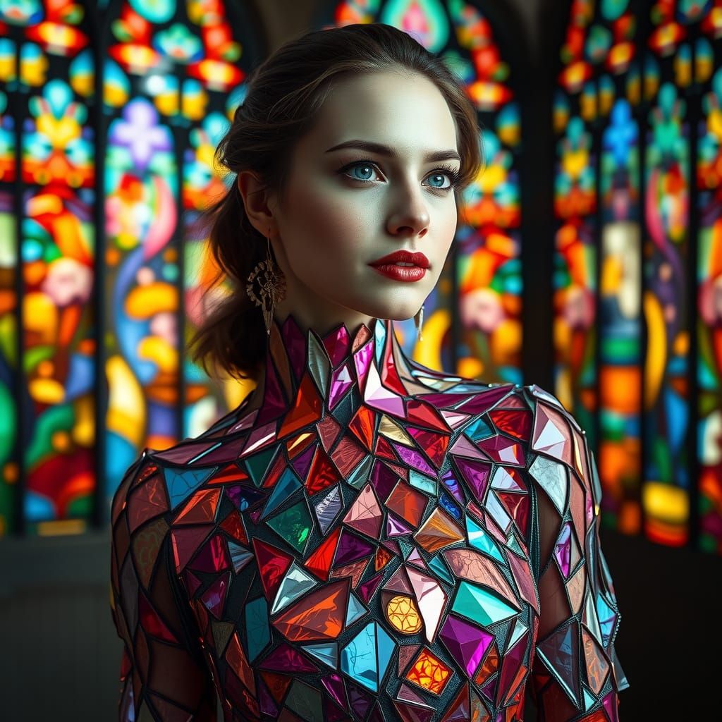 Woman in Vibrant Stained Glass Dress Portrait