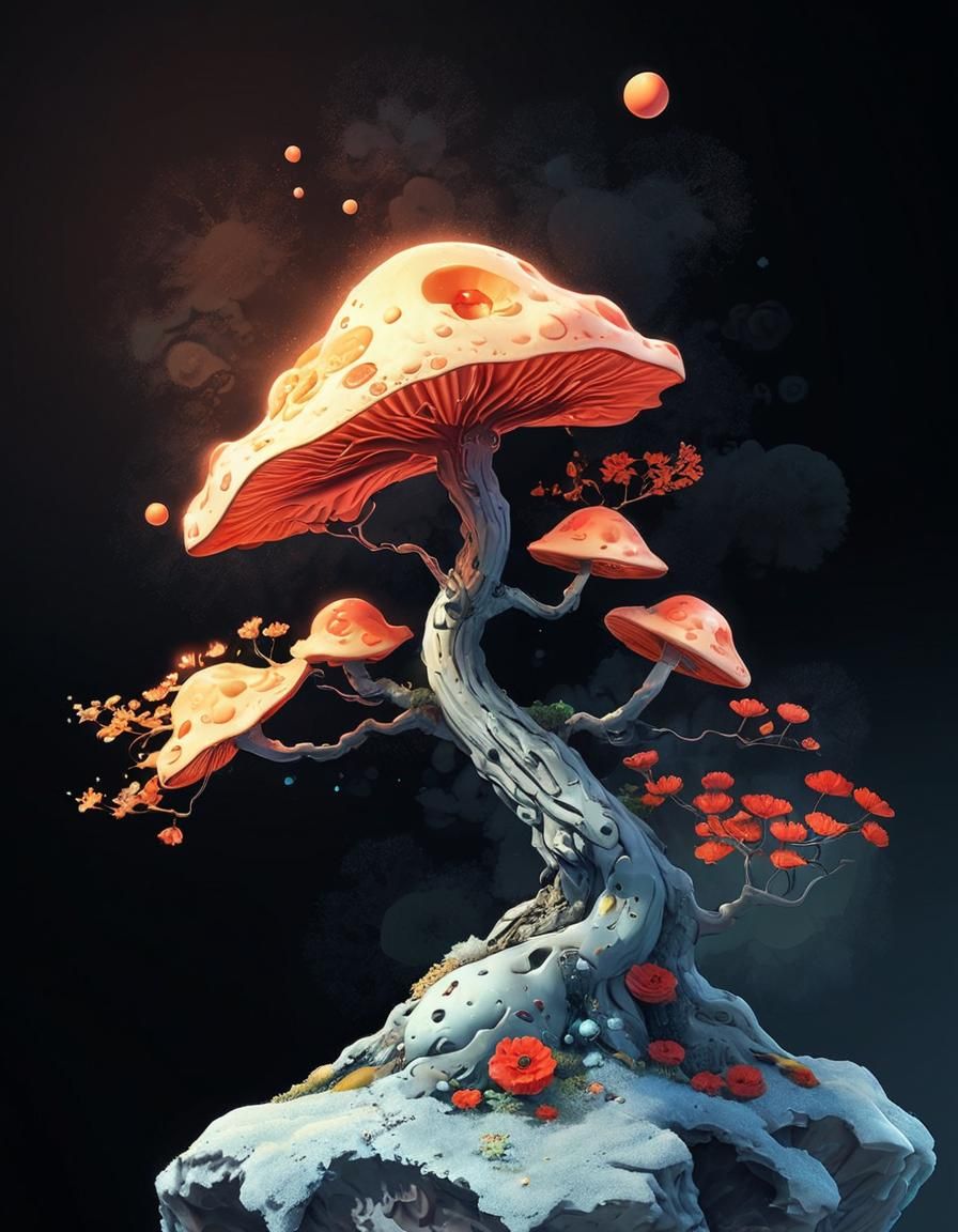 Biomorphic Bonsai Mushroom in Watercolor Style