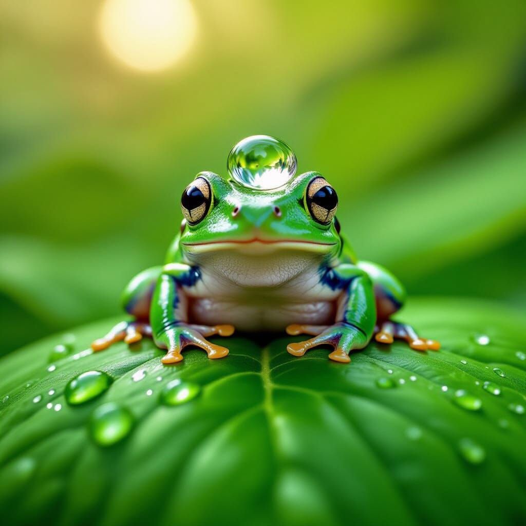 Curious Frog Magnified in Water Droplet Macro Photo
