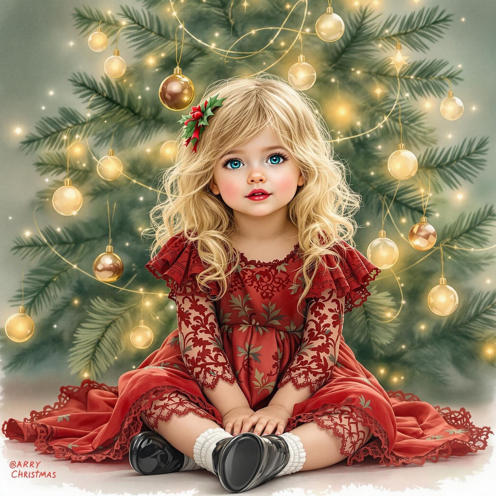 Toddler in Watercolor Style Before Christmas Tree