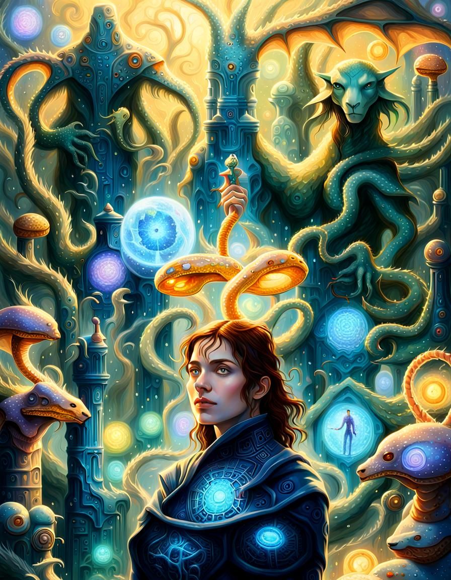 Bio-Cyborg with Dragon Mushroom in Dreamy Sci-Fi