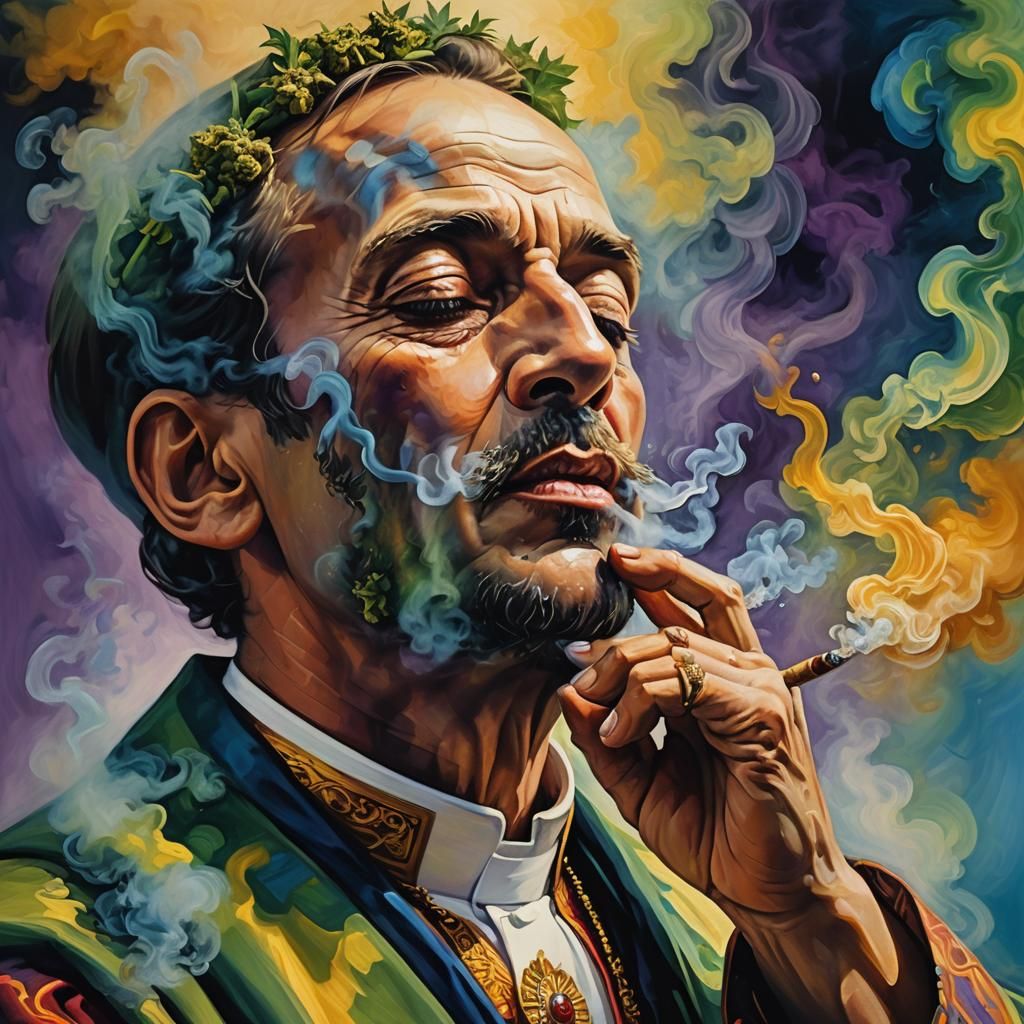 Surreal Priest Smoking a Gigantic Cannabis Cigar