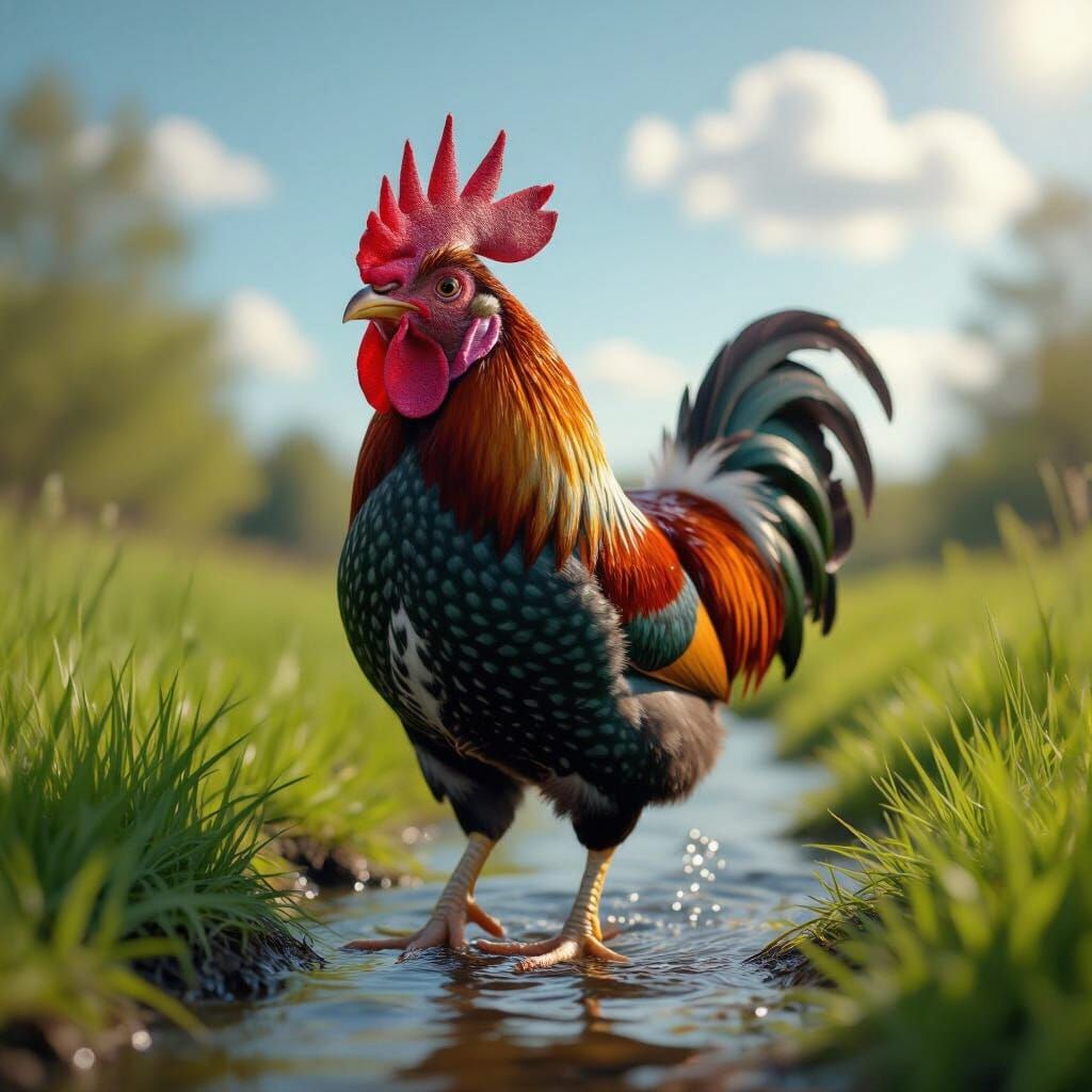 Photorealistic Pig-Rooster in Lush Green Field