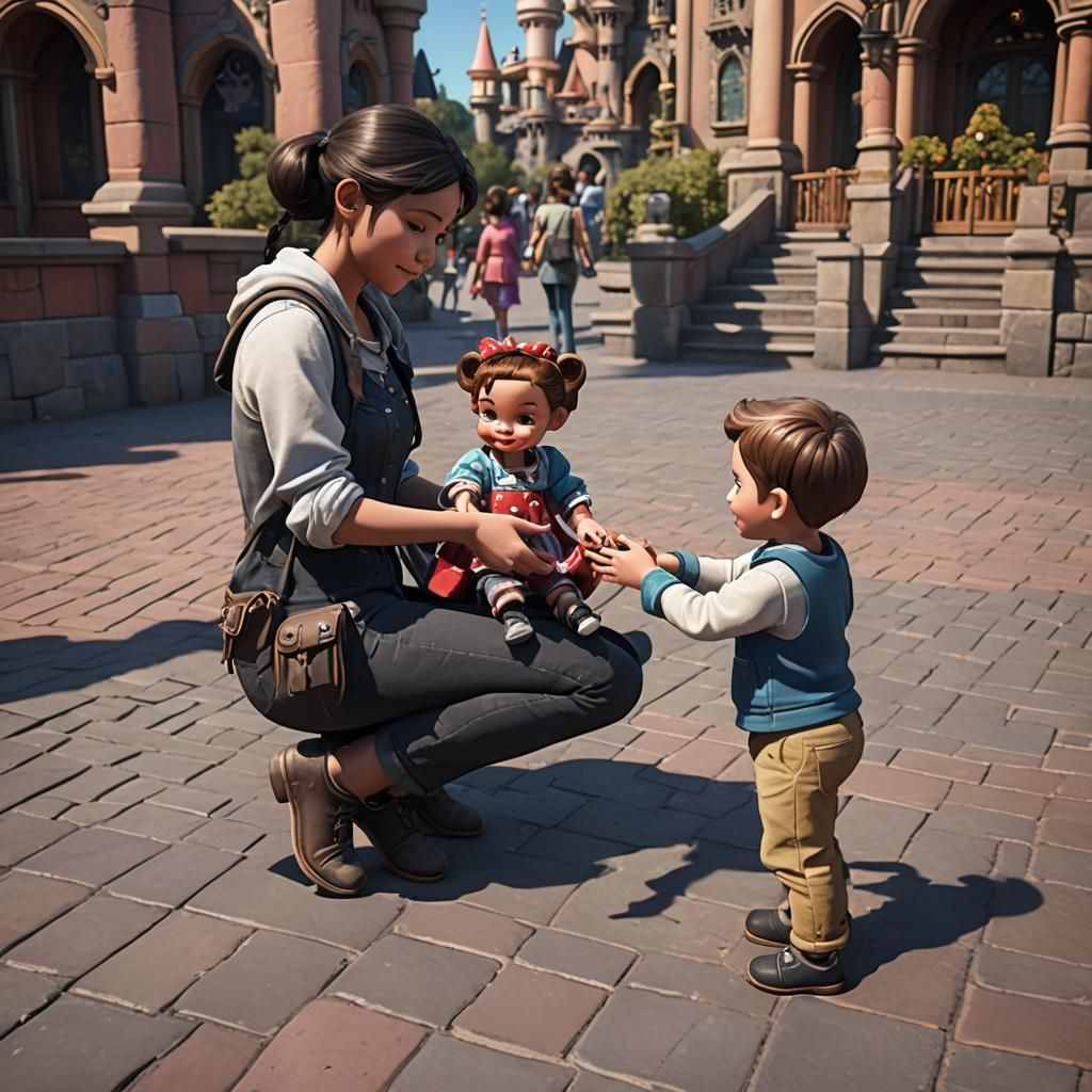 Child with Doll in Disneyland: 3D Render