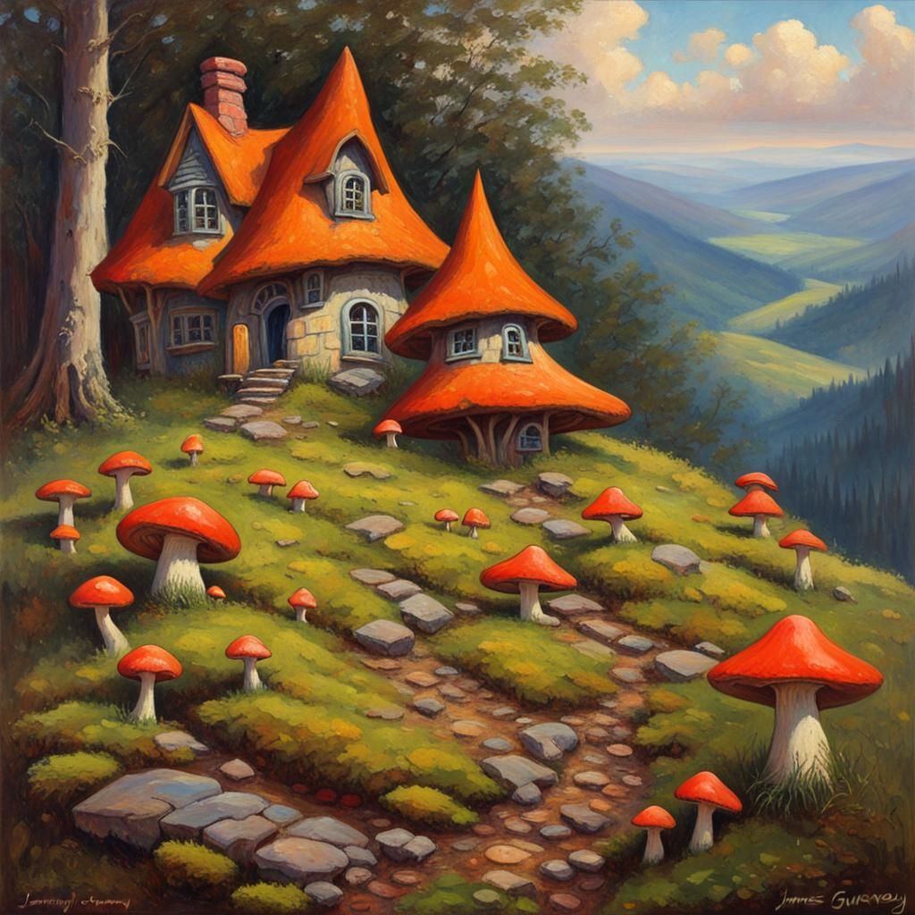 Colorful Mushrooms and Witch House, Oil Painting