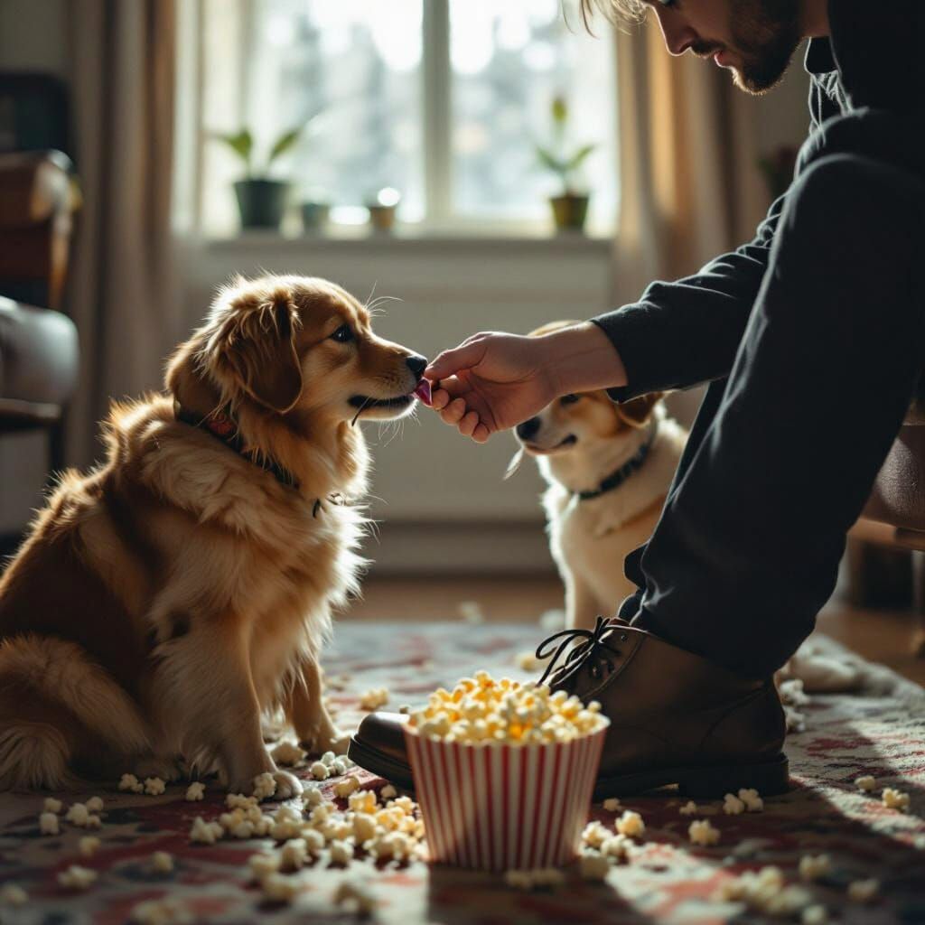 Person Licking Shoe with Dog Eating Popcorn