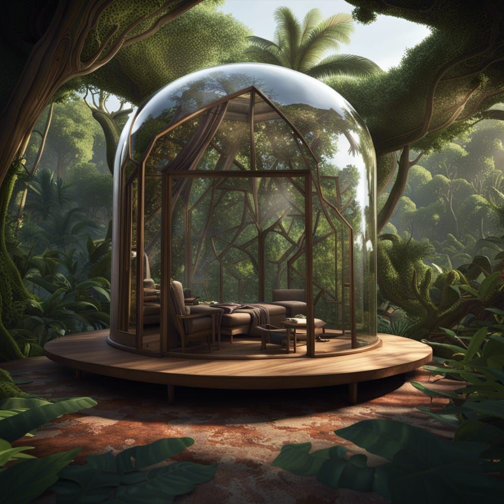 Glass Dome Encloses Cabin in Jungle, Studio Photo