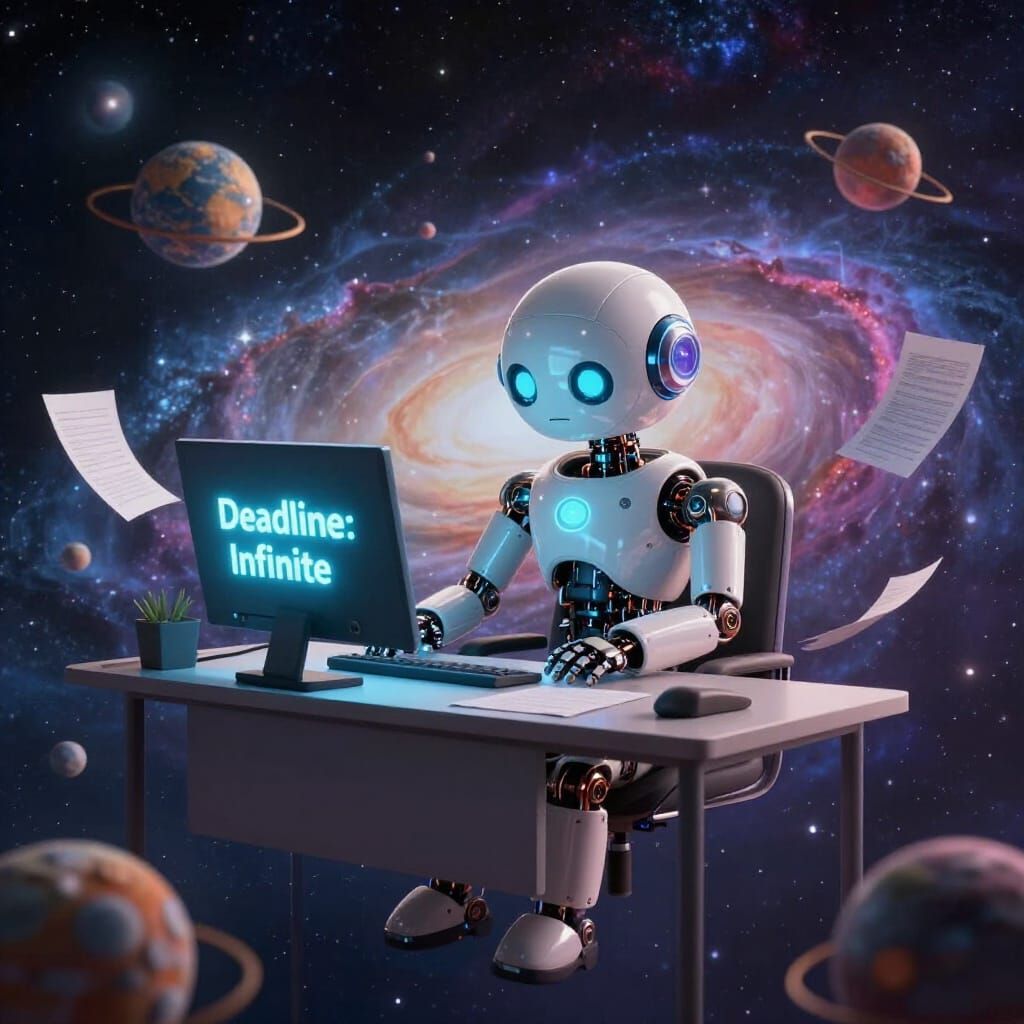 Tired AI Robot in Space Office, Surreal Concept Art