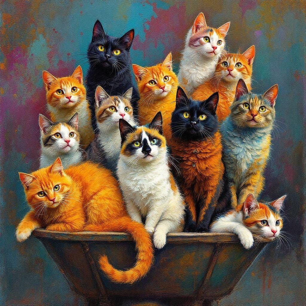Colorful Cats in Wheelbarrow, Gauguin-esque Painting