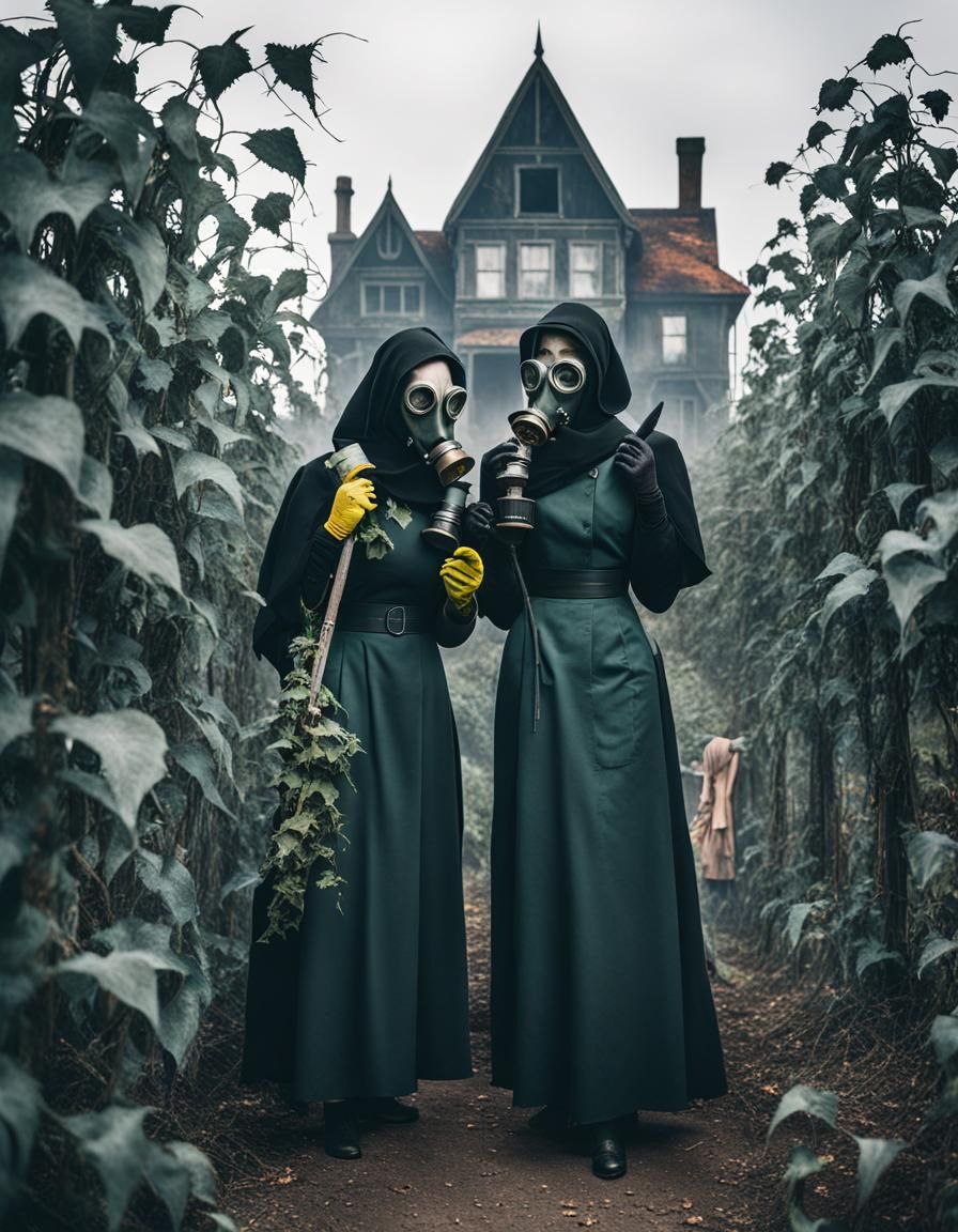 Surreal Gas Mask Gardeners at Haunted House