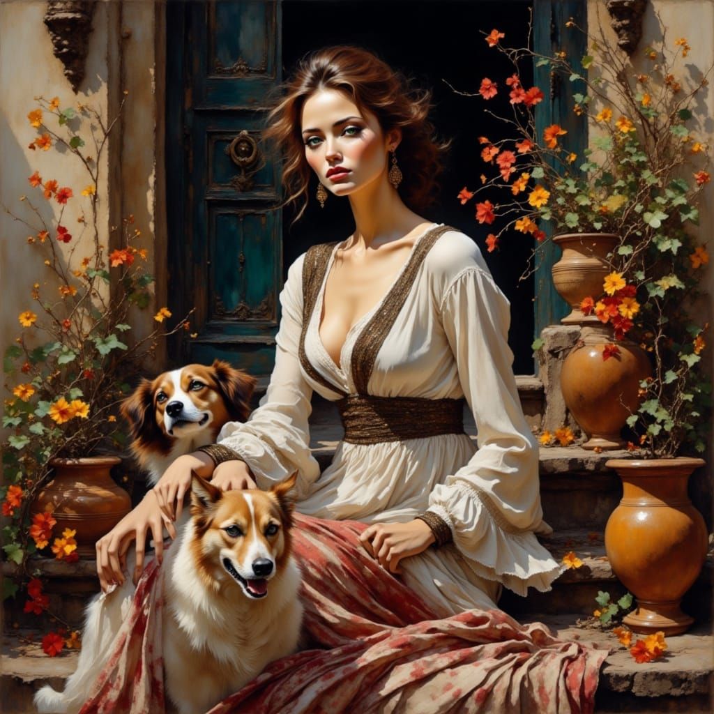 Baroque Painting of Woman on Porch with Dog and Autumn Leave...