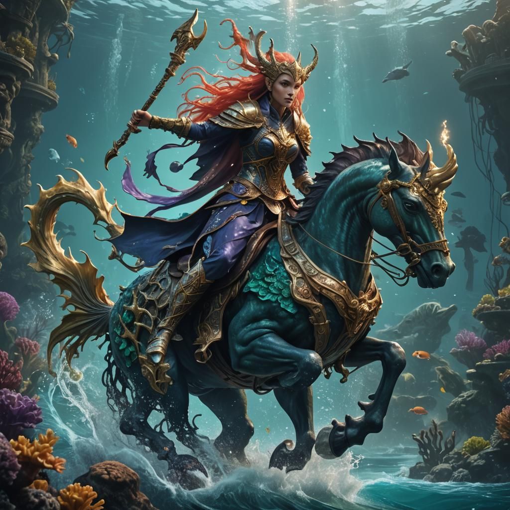 Sea Elf Sorceress Rides Sea Horse into Battle