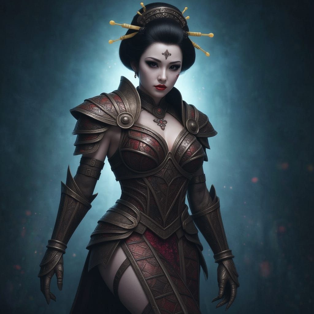 Battle-Worn Geisha in Stained Glass Armor Poses