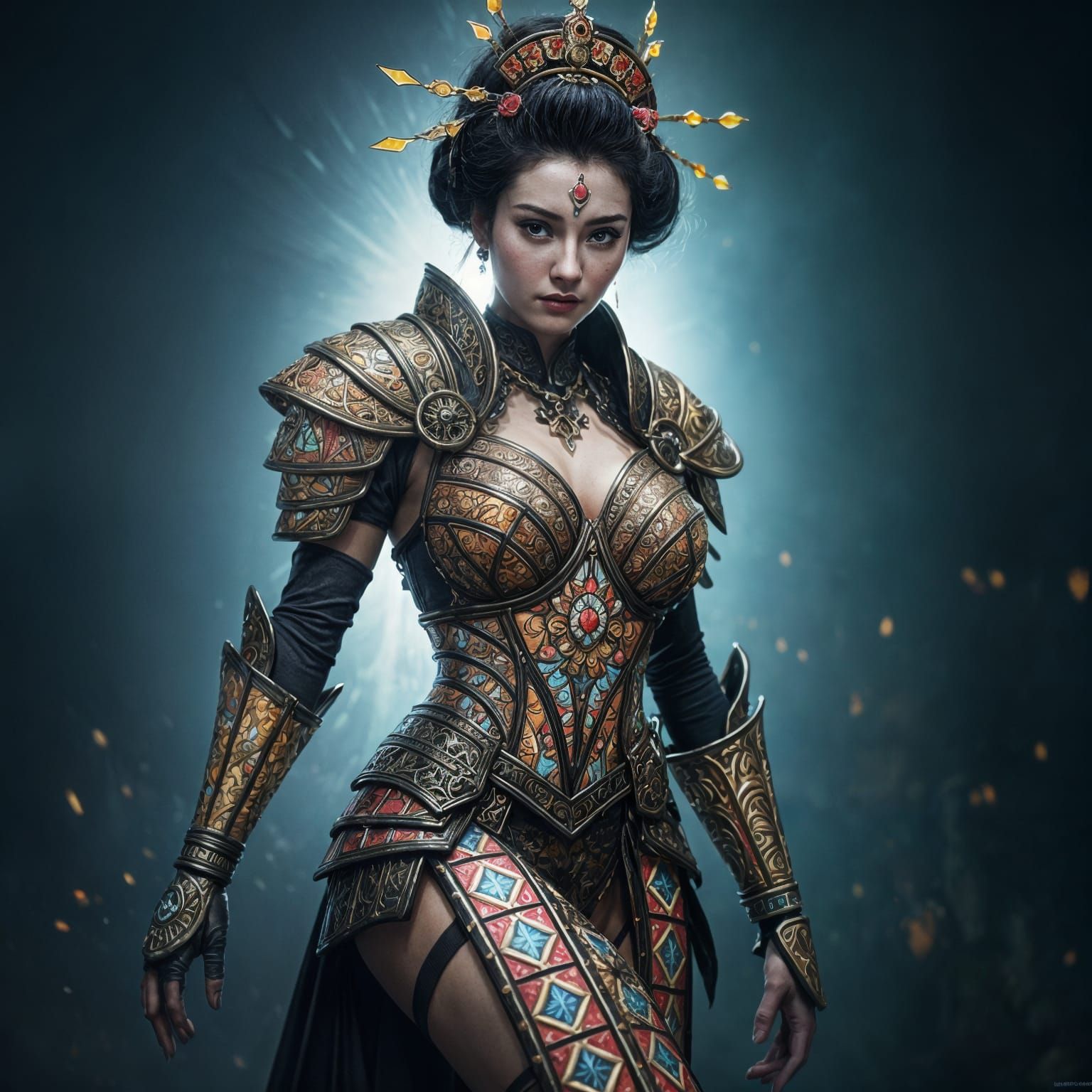 Geisha in Stained Glass Armor Poses Dramatically