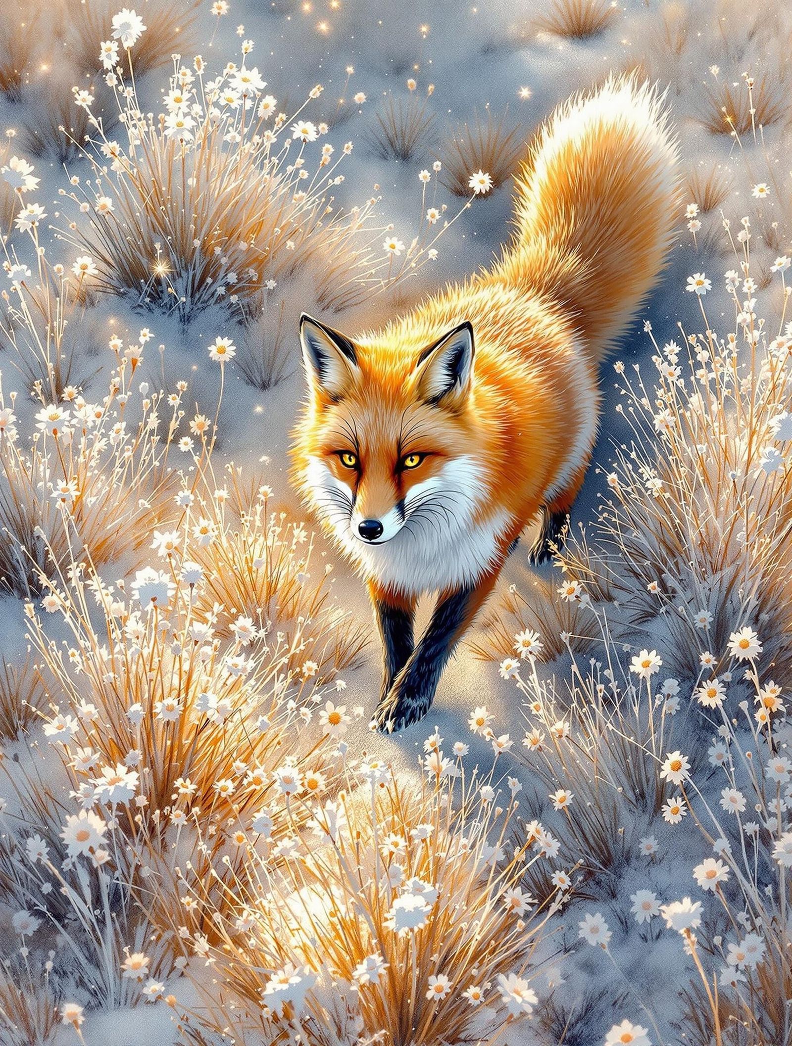 Fox in Frosty Meadow: Watercolor Aerial View
